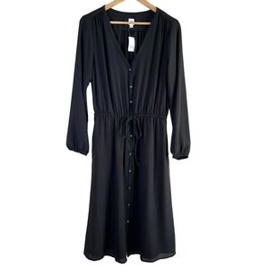 NWT Gap V-Neck Long Sleeve Tie-Waist‎ Button Front Midi Dress in Black, Medium